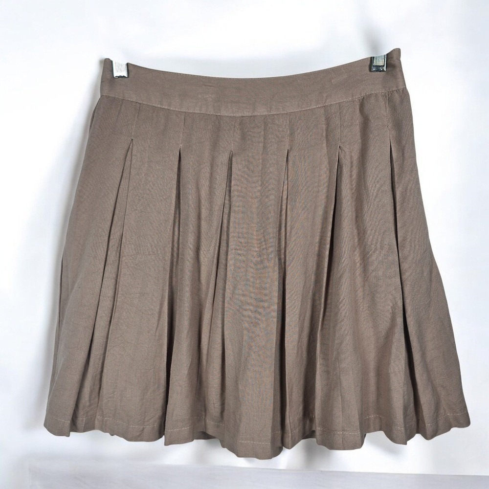 Sim & Sam Pleated Mini Skirt Womens Medium‎ Beige Casual Rayon Cotton Lined, Zip